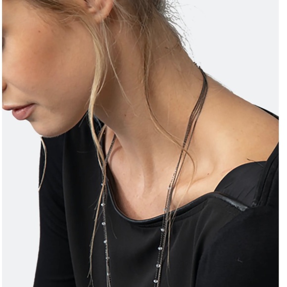 Lola & Sophie Faux Leather Piping Boat Neck Top - Picture 3 of 12